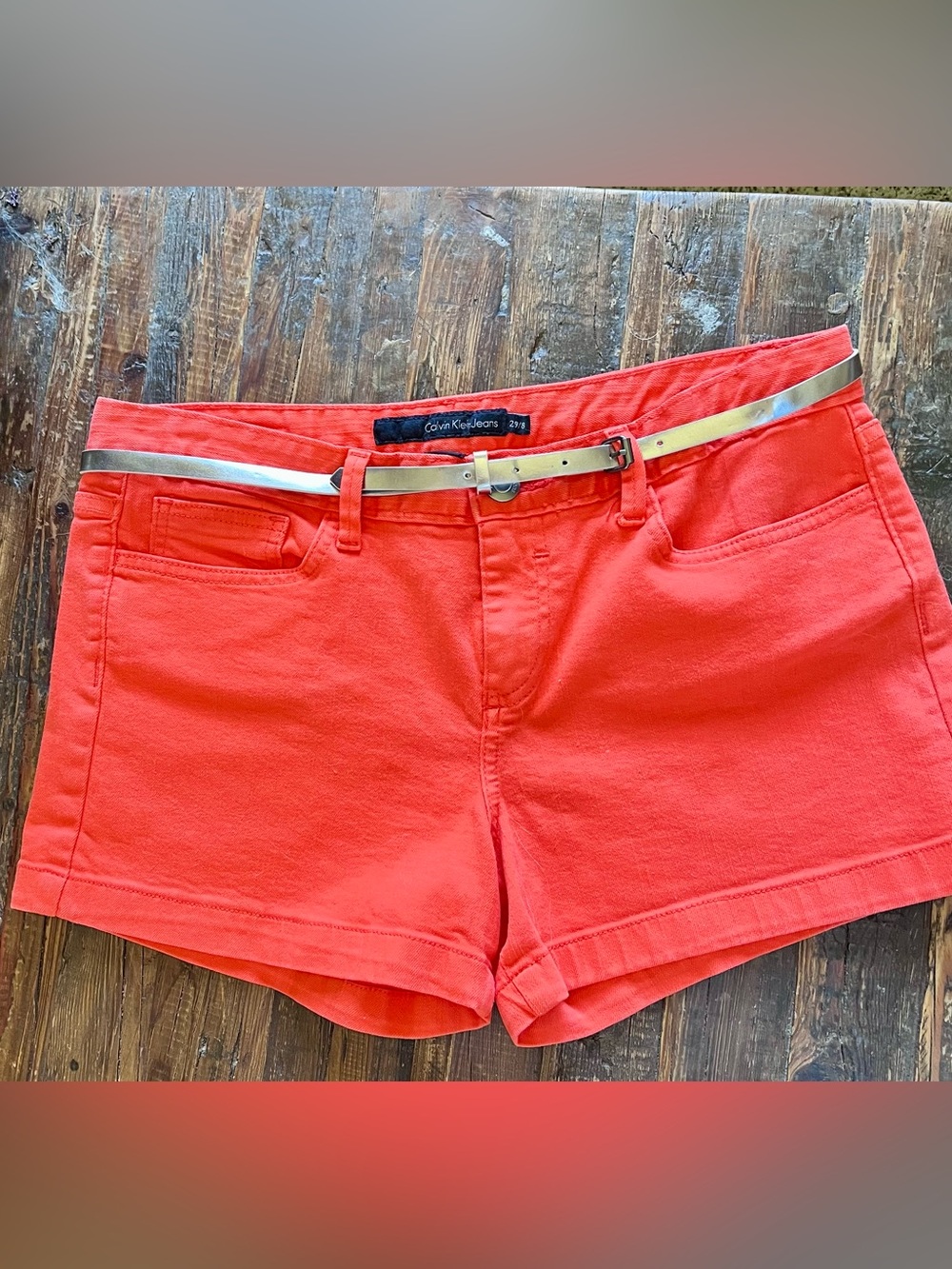 Calvin Klein Coral-Orange Denim Jean Shorts with Silver Belt Sz 8